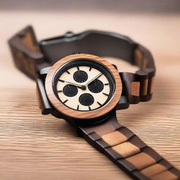 Create a detailed watch design featuring a chronograph with a wooden bracelet