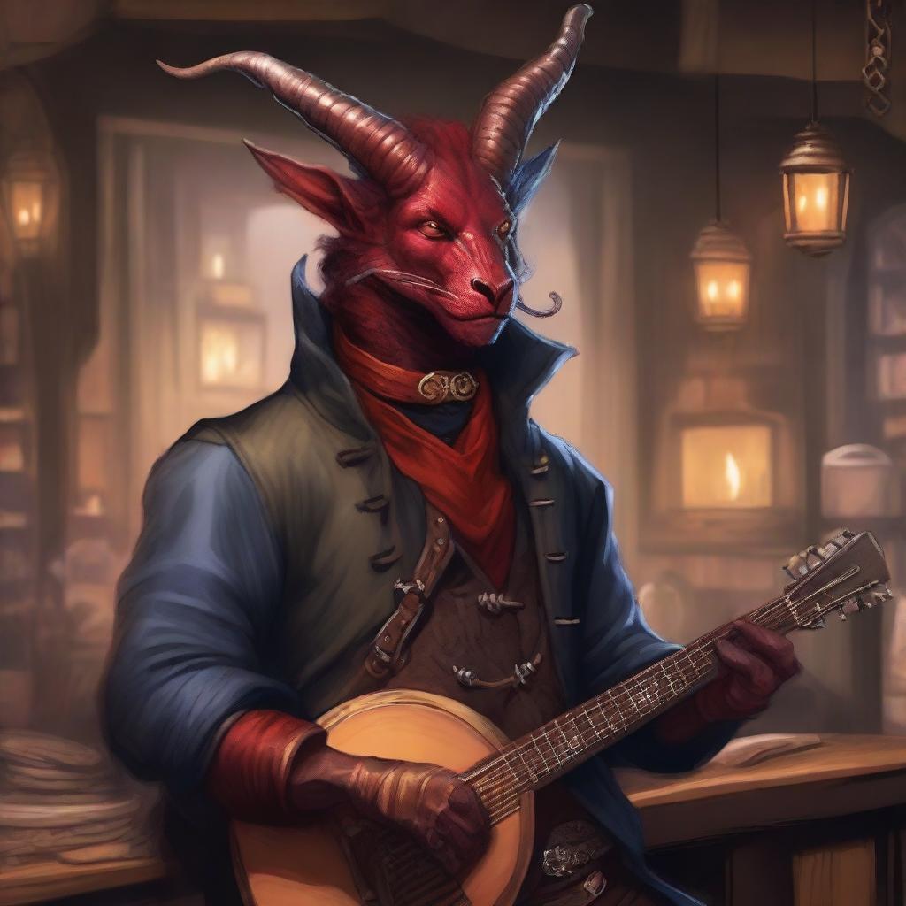 A detailed illustration of a bard tiefling wearing an eyepatch