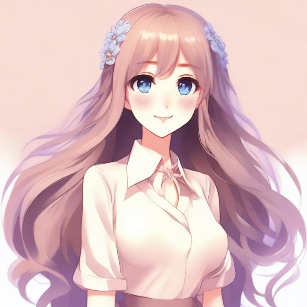 Create an image of a beautiful waifu character with long flowing hair, big expressive eyes, and a gentle smile