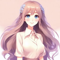 Create an image of a beautiful waifu character with long flowing hair, big expressive eyes, and a gentle smile