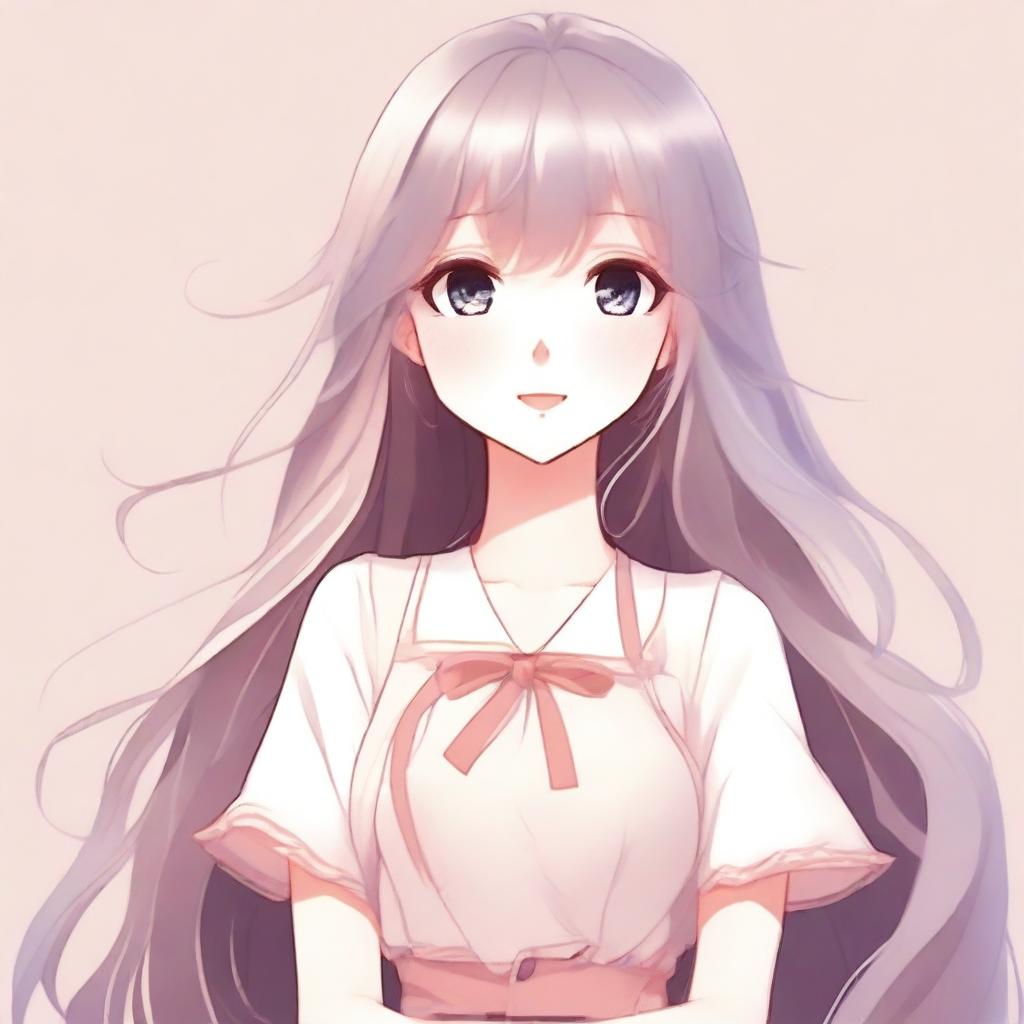 Create an image of a beautiful waifu character with long flowing hair, big expressive eyes, and a gentle smile