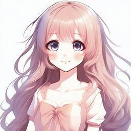 Create an image of a beautiful waifu character with long flowing hair, big expressive eyes, and a gentle smile