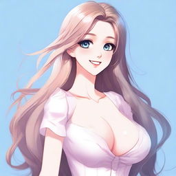 Create an image of a sexy waifu character with long flowing hair, big expressive eyes, and a confident smile