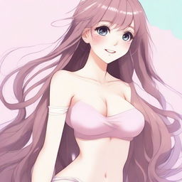 Create an image of a sexy waifu character with long flowing hair, big expressive eyes, and a confident smile