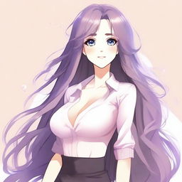 Create an image of a sexy waifu character with long flowing hair, big expressive eyes, and a confident smile