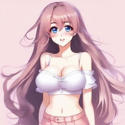 Create an image of a sexy waifu character with long flowing hair, big expressive eyes, and a confident smile