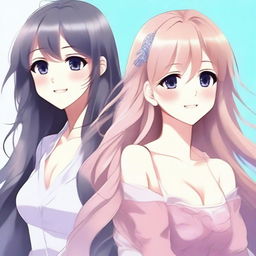 Create an image of extremely attractive waifu characters with long flowing hair, big expressive eyes, and confident smiles