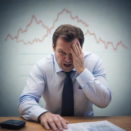 A symbolic depiction of a trader wrestling with various trading psychology problems, represented by icons of fear, greed, stress, and overconfidence, with a turbulent stock market graph in the background.