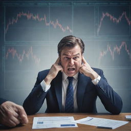 A symbolic depiction of a trader wrestling with various trading psychology problems, represented by icons of fear, greed, stress, and overconfidence, with a turbulent stock market graph in the background.