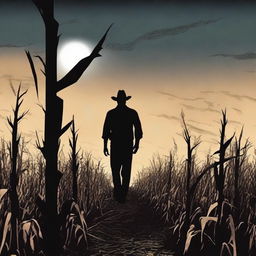 A fifties style horror scene set in a cornfield at night