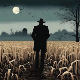 A fifties style horror scene set in a cornfield at night