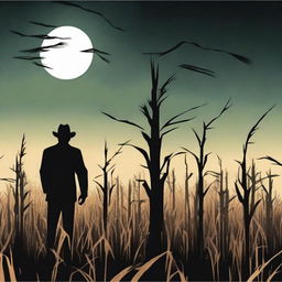 A fifties style horror scene set in a cornfield at night