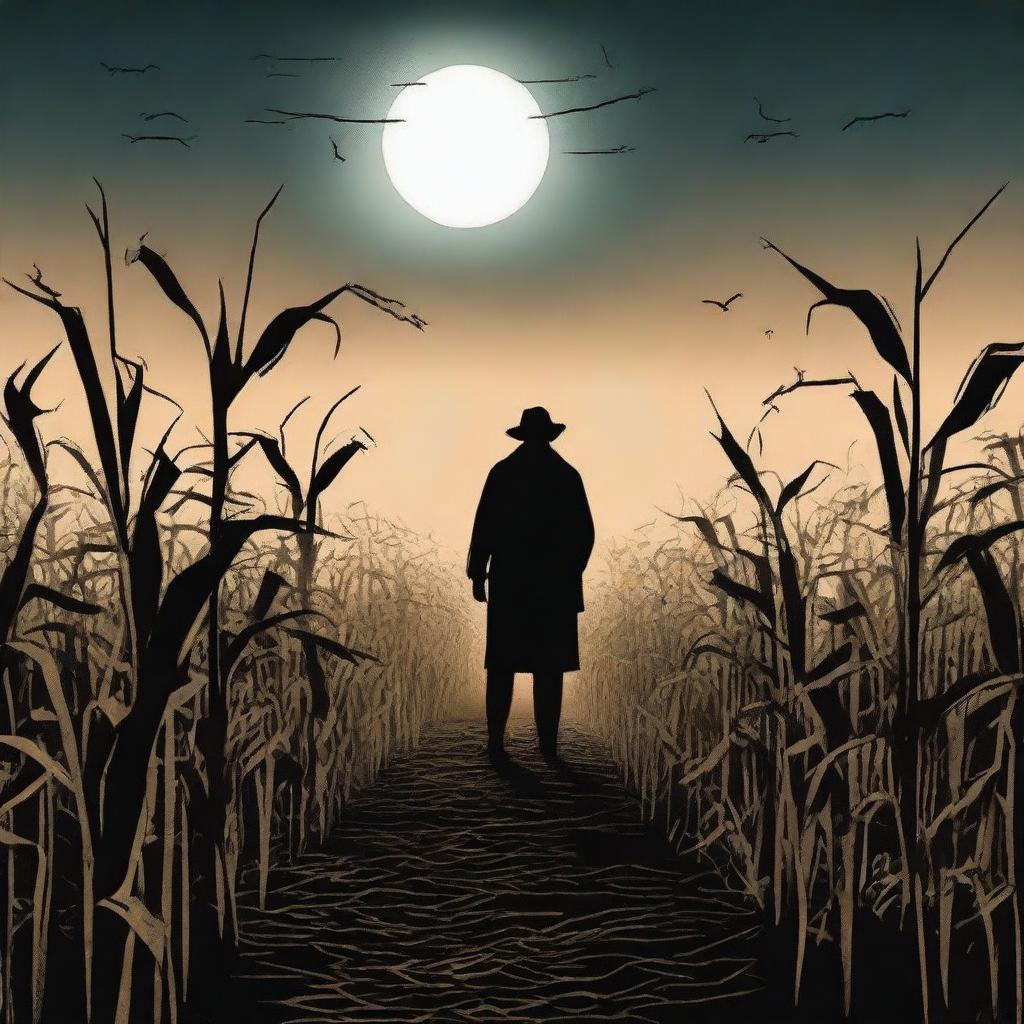 A fifties style horror scene set in a cornfield at night