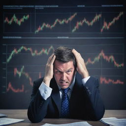 A symbolic depiction of a trader wrestling with various trading psychology problems, represented by icons of fear, greed, stress, and overconfidence, with a turbulent stock market graph in the background.