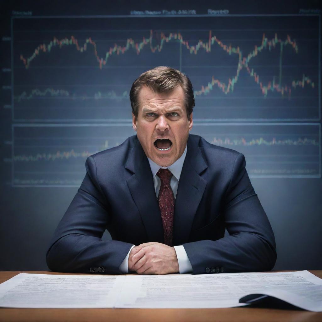 A symbolic depiction of a trader wrestling with various trading psychology problems, represented by icons of fear, greed, stress, and overconfidence, with a turbulent stock market graph in the background.