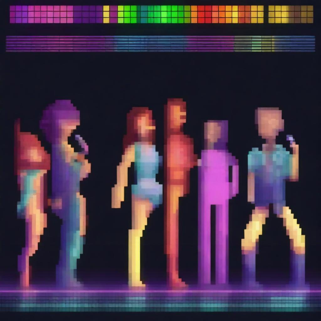 Create a pixel art image featuring five singers performing at a disco