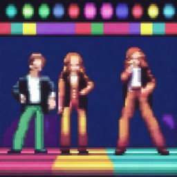 Create a pixel art image featuring five singers performing at a disco