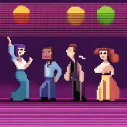 Create a pixel art image featuring five singers performing at a disco