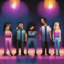 Create a pixel art image featuring five singers performing at an urban disco