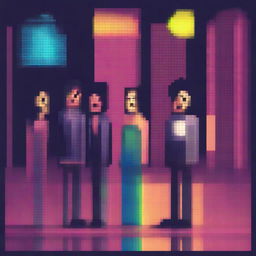 Create a pixel art image featuring five singers performing at an urban disco