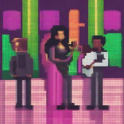 Create a pixel art image featuring five singers performing at an urban disco