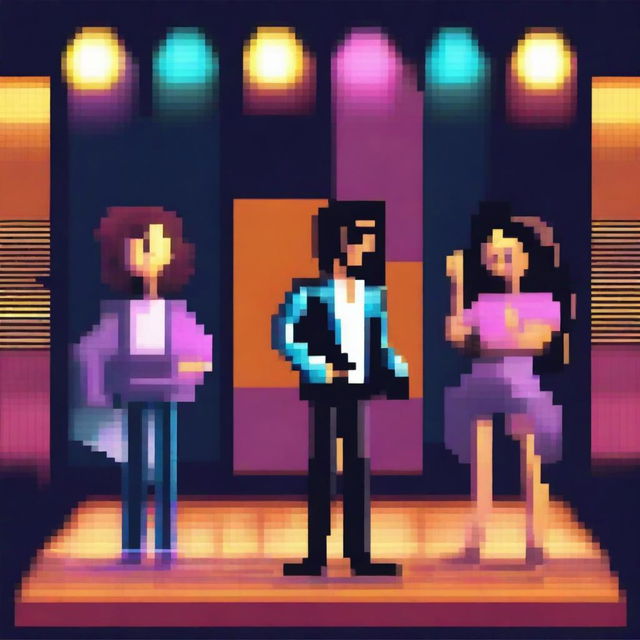 Create a pixel art image featuring five singers performing at an urban disco