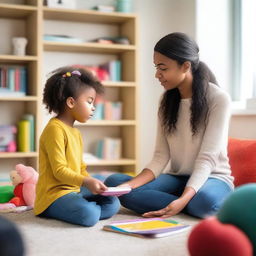 A child psychologist sits in a cozy, well-lit office, speaking gently with a young child about their mental health concerns