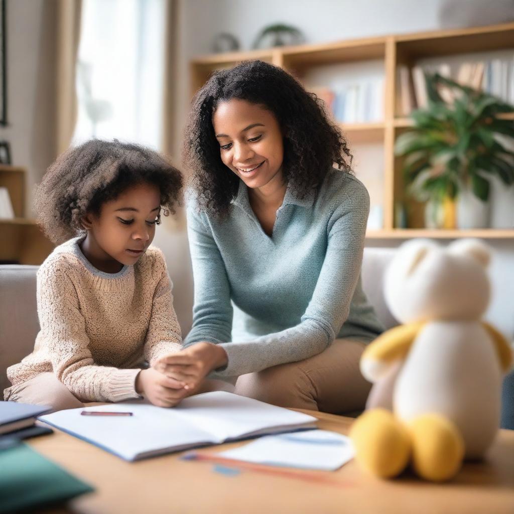 A child psychologist sits in a cozy, well-lit office, speaking gently with a young child about their mental health concerns