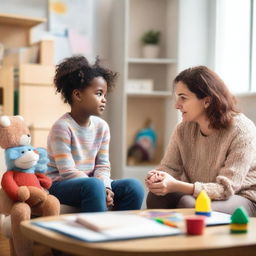 A child psychologist sits in a cozy, well-lit office, speaking gently with a young child about their mental health concerns