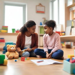 A child psychologist sits in a cozy, well-lit office, speaking gently with a young child about their mental health concerns