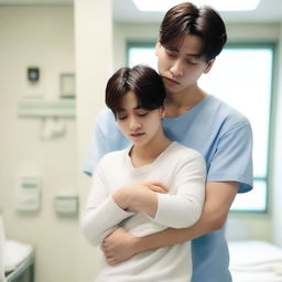 Jungkook and Taehyung standing in a hospital room