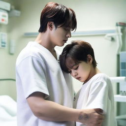 Jungkook and Taehyung standing in a hospital room