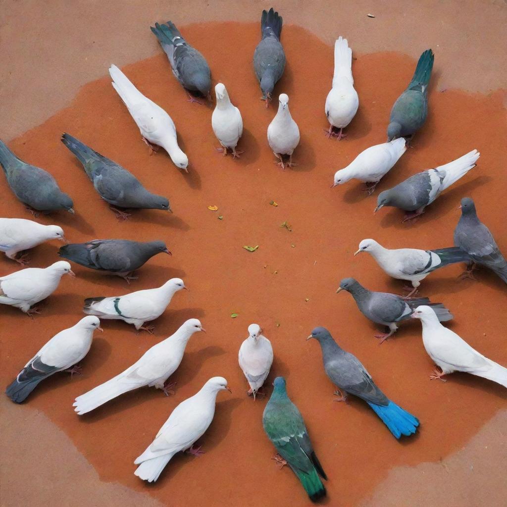 A beautifully arranged group of pigeons on the ground, their diverse colors blending to form a striking resemblance to the Indian flag, framed by saffron and green wings with a formation of white pigeons in the center, and a blue Ashoka Chakra represented by pigeon feed.