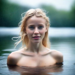 Create an artistic image of a beautiful young blond woman with an elegant figure, appearing wet as if she has just come out of the water