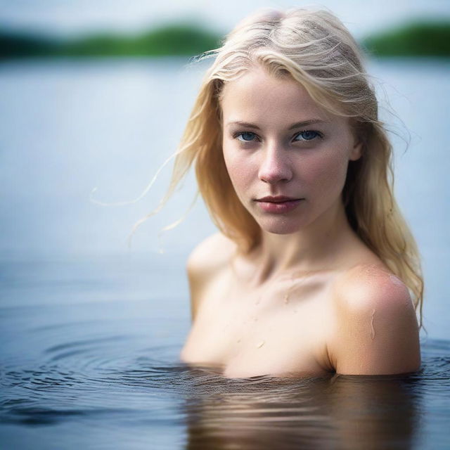 Create an artistic image of a beautiful young blond woman with an elegant figure, appearing wet as if she has just come out of the water