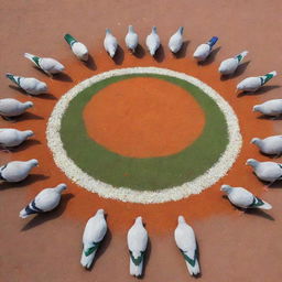 A beautifully arranged group of pigeons on the ground, their diverse colors blending to form a striking resemblance to the Indian flag, framed by saffron and green wings with a formation of white pigeons in the center, and a blue Ashoka Chakra represented by pigeon feed.