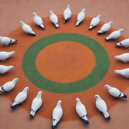 A beautifully arranged group of pigeons on the ground, their diverse colors blending to form a striking resemblance to the Indian flag, framed by saffron and green wings with a formation of white pigeons in the center, and a blue Ashoka Chakra represented by pigeon feed.