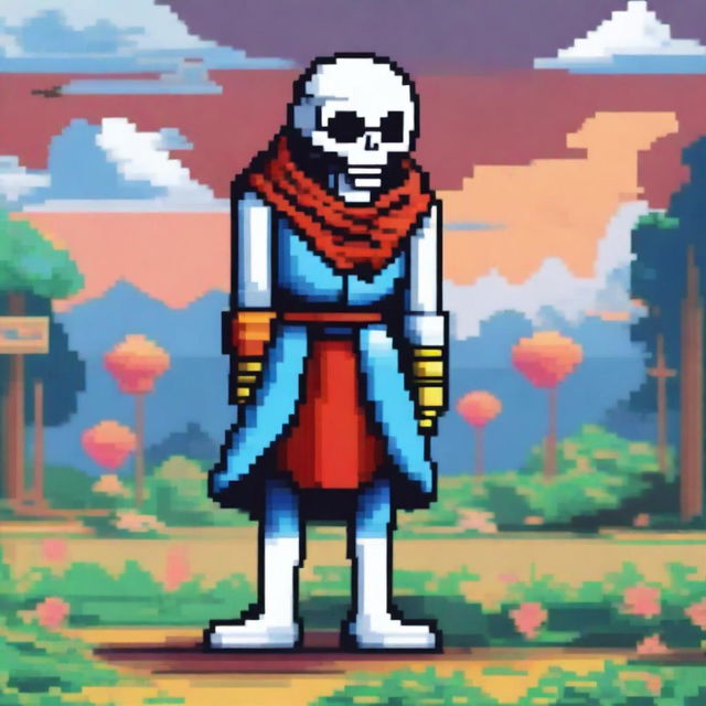 A detailed and vibrant pixel art illustration of Papyrus from the game Undertale