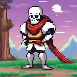 A detailed and vibrant pixel art illustration of Papyrus from the game Undertale