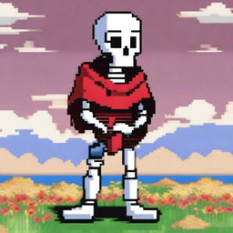 A detailed and vibrant pixel art illustration of Papyrus from the game Undertale