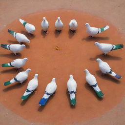 A beautifully arranged group of pigeons on the ground, their diverse colors blending to form a striking resemblance to the Indian flag, framed by saffron and green wings with a formation of white pigeons in the center, and a blue Ashoka Chakra represented by pigeon feed.