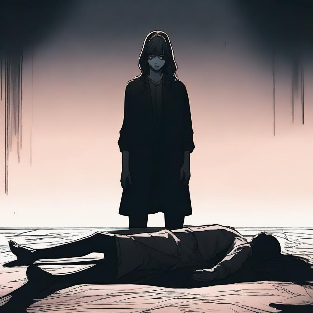 A female main character standing over the dead body of her victim in a dramatic scene