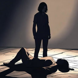 A female main character standing over the dead body of her victim in a dramatic scene