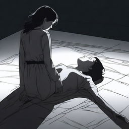 A female main character standing over the dead body of her victim in a dramatic scene