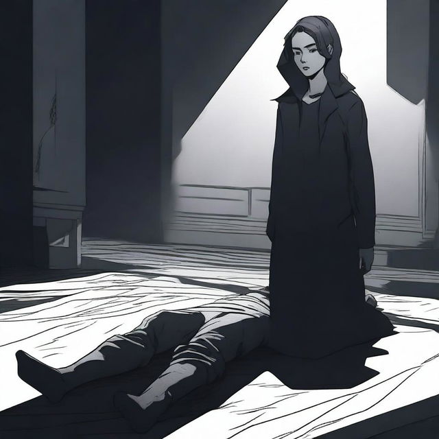 A female main character standing over the dead body of her victim in a dramatic scene