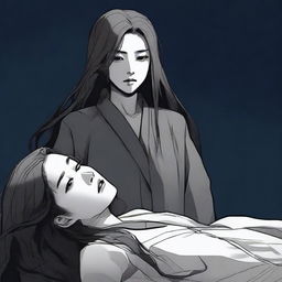 A long-haired Korean female main character standing over the dead body of her victim in a dramatic scene