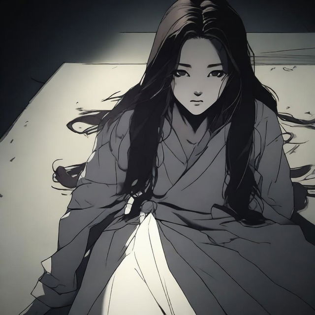 A long-haired Korean female main character standing over the dead body of her victim in a dramatic scene