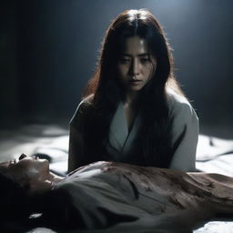 A long-haired Korean female main character standing over the dead body of her victim in a dramatic scene