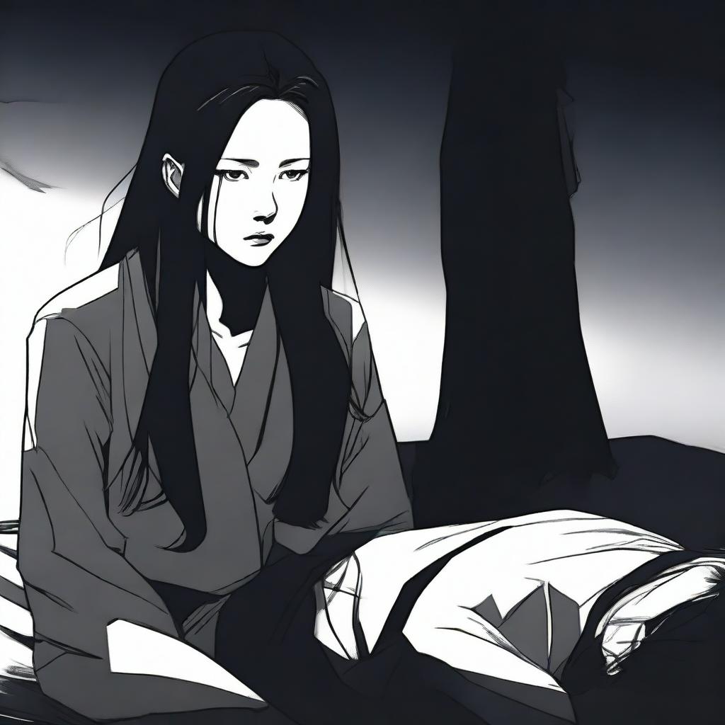 A long-haired Korean female main character, with her face covered in shadow, standing over the dead body of her victim in a dramatic scene