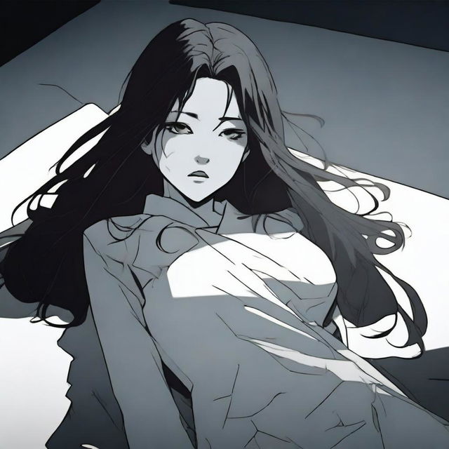 A long-haired Korean female main character, with her face covered in shadow, standing over the dead body of her victim in a dramatic scene